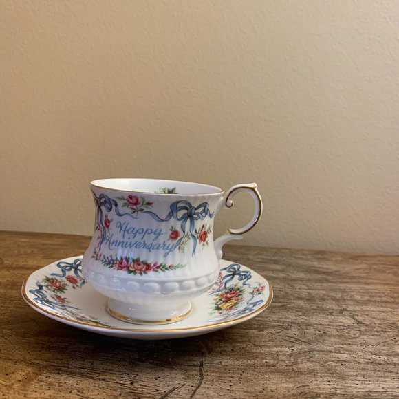 QUEENS ROSINA TEA CUP AND SAUCER RIBBON ROSES BOW TEACUP HAPPY ANNIVERSARY CUP - Picture 1 of 4